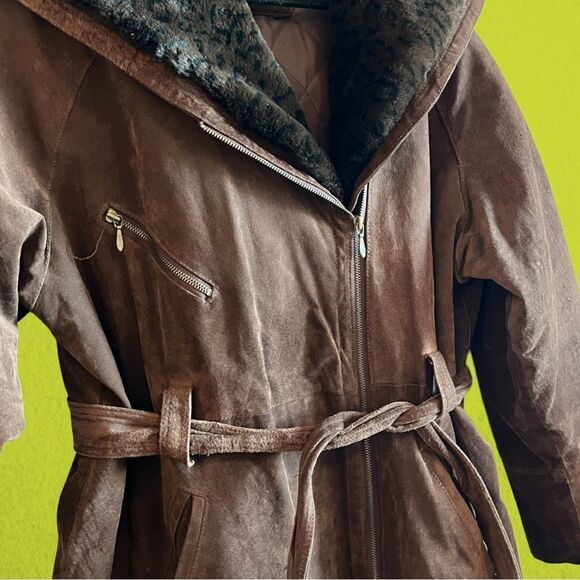 90s vintage brown suede leather coat faux fur hood - Picture 2 of 7